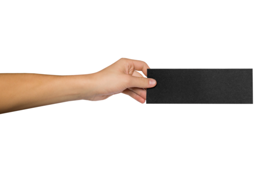 Hand holding empty black certificate mock-up. PNG, Isolated on transparent background. Black friday sale concept, discount label. Blank gift card mockup. - Powered by Adobe