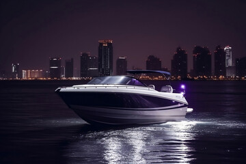 Obraz premium Modern fast boat sailing in bay with a city at night on background generative ai
