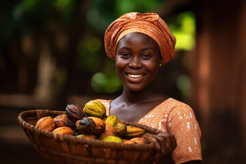 Portrait of a African woman working on the cocoa plantation - obrazy, fototapety, plakaty