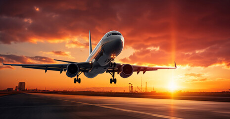 Fototapeta na wymiar Passenger plane seen taking off during sunset. Travel concept.
