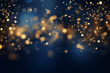 abstract background with blue and gold particle. Christmas Golden light shine particles bokeh on navy blue background.