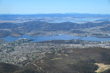 View over the city of Hobart, from the summit of Mt Wellington in Tasmania, Australia