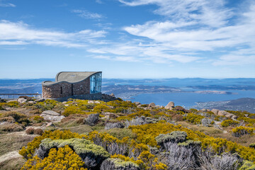 The Pinnacle Observation Shelter overlooking the city of Hobart, on Mt Wellington in Tasmania,...