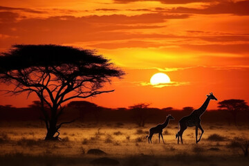 African safari sunset panoramic background with silhouette of the animals
