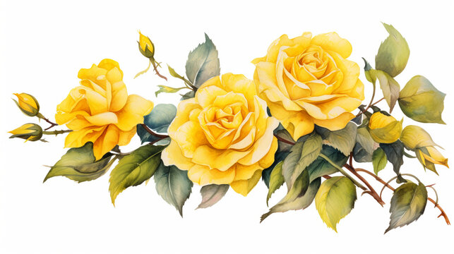 yellow roses bunch watercolor painting on white background for floral delightful wedding card decoration