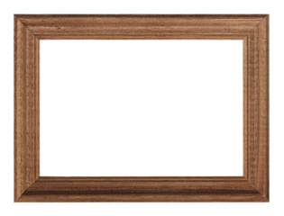 Horizontal classic wooden photo frame with copy space isolated on transparent background. PNG format clip art.