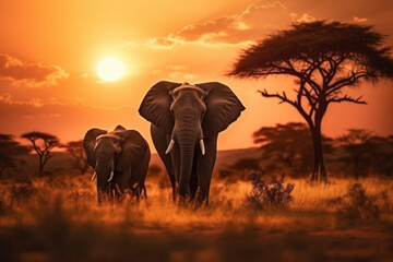 Fototapeta premium African safari sunset panoramic background with silhouette of the animals