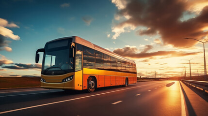 Tourist bus seen travelling through Countryside. Travel concept. - obrazy, fototapety, plakaty