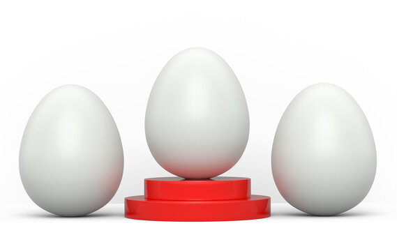 Farm white egg on podium and crowd of eggs standing in line on white background