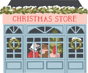 Christmas cute store. Xmas and New Year house. Modern flat style. Vector.