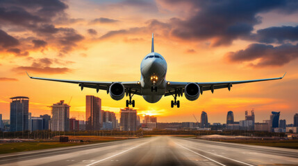 Fototapeta na wymiar Passenger plane departing in sunset. Cityscape in background.