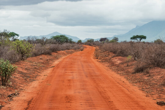A dirt road in the wild at Tsavo East National Park, Kenya