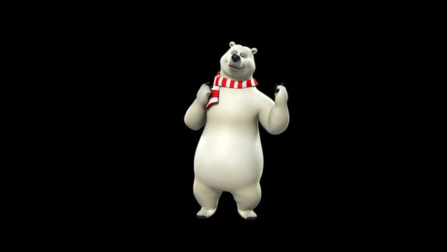White Cartoon Polar Bear With Red-White Striped Scarf Casually Talking Making Gestures With Its Upper Paws Standing On Two Feet In Transparent Background.