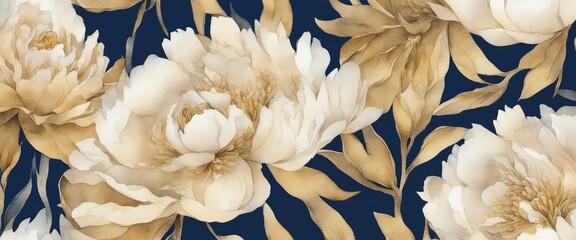 Watercolor illustration of peony blossoms in navy and gold