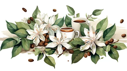 Foto op Plexiglas Beautiful stock clip art vector illustration with hand drawn set watercolor coffee plant branch with white flowers green leaves and red beans. © Designcy Studio