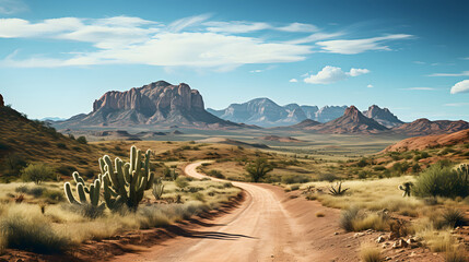 Mountain desert texas background landscape.  road in the desert - obrazy, fototapety, plakaty