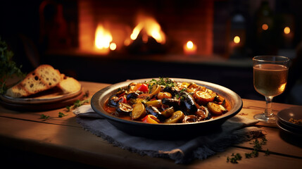 Vegetable Ratatouille in frying pan on a wooden table. - obrazy, fototapety, plakaty