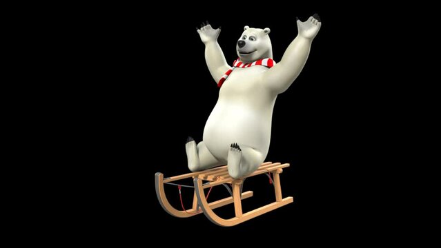 3d Animated White Polar Bear With Red-White Striped Riding Sledge Raising Both Fore Paws In Excitement In Transparent Background.