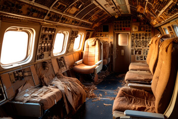 Inside of old abandoned passenger airplane