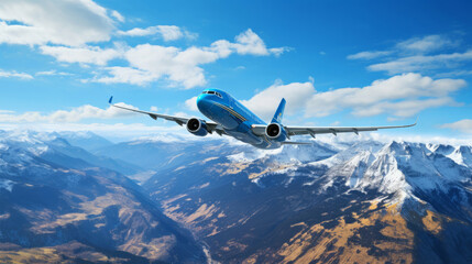 Fototapeta premium Passenger plane seen flying over mountain peaks. Travel concept.