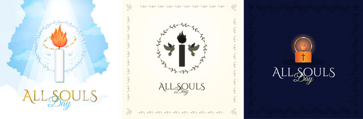 Set of All Souls Day Art Illustration Posters, celebrated on November 2. All Souls' Day Greeting Cards. Vector Illustration