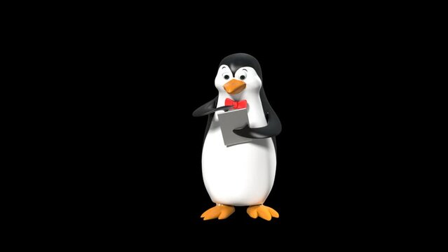3d Animated Cartoon Penguin Swiping Ipad Tablet With Its Right Wing Standing In Transparent Background.
