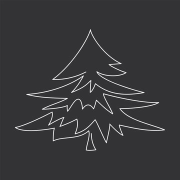 White outline Christmas fir tree line continuous drawing. Hand drawn illustration, graphic design, print, banner, card, poster, sign, symbol, logo, holiday decor, outline icon, black background.