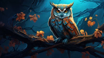 Fototapeten Beautiful owl at night sitting on a branch in the wood as wallpaper background illustration © iv work