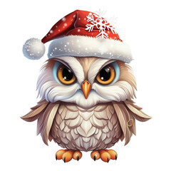 Traditional Christmas Owl with Santa Hat Clipart Isolated on White Background