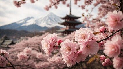 A close-up shot of a blooming cherry blossom tree in Japan, with a traditional temple and a mountain in the background