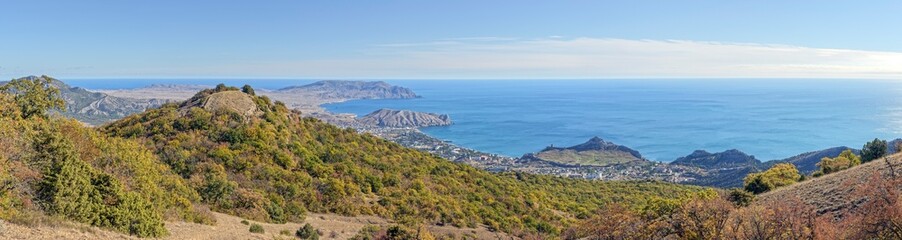 Fototapeta na wymiar Panorama of Sudak valley from Perchem Mountain, Crimea, Russia.