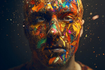 Men s face covered by artistic colorful particles generative ai