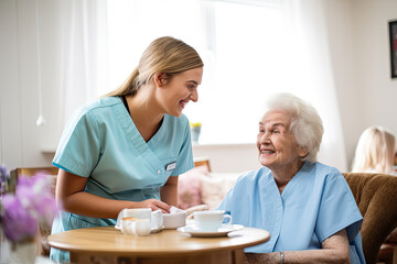 Female nurse working with an elderly lady. - obrazy, fototapety, plakaty