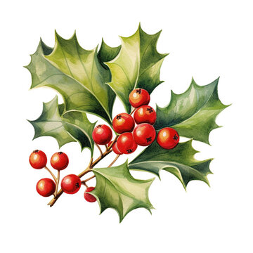 Gorgeous Christmas Holly and Berry Design Isolated on White Background