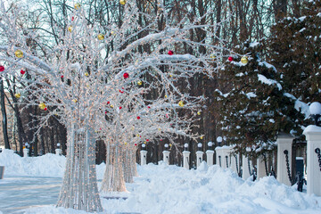 Festive trees decorated with a glowing garland. Festive mood
