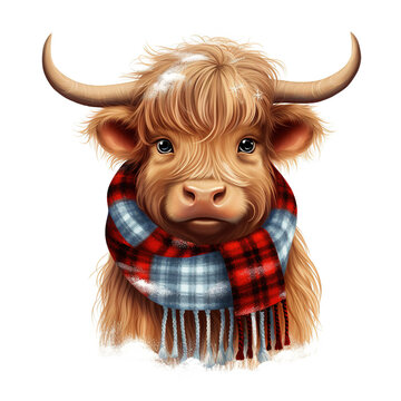 Vivid Christmas Highland Cow in Plaid Scarf Isolated on White Background