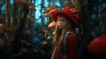 Alice in Wonderland, a fabulous forest of big mushrooms, a girl in a fairy tale. Mushrooms trees toadstools fly agarics - obrazy, fototapety, plakaty