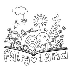 Illustration in black and white of an open book from which a fantasy landscape emerges, with a fairy, a rainbow, a house, butterflies, coloring page