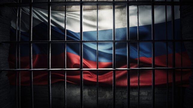 Russian flag behind bars, symbolizing the struggle for freedom and human rights. Ideal for protest, civil rights, and political activism visuals