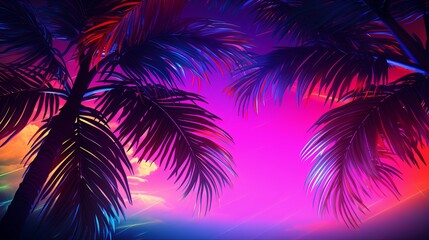Colorful beach party background illustration, neon palm trees against the night sky, rave festival design - obrazy, fototapety, plakaty