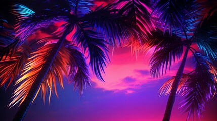 Fototapeta na wymiar Colorful beach party background illustration, neon palm trees against the night sky, rave festival design