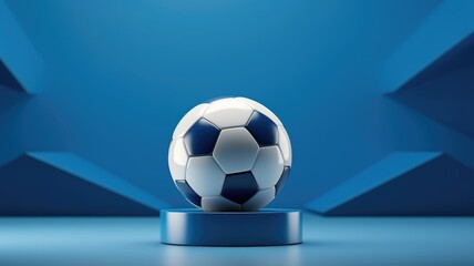 Naklejka premium A pristine soccer ball positioned on a cylindrical platform with sharp geometric patterns in a blue room, exuding an air of modern elegance.