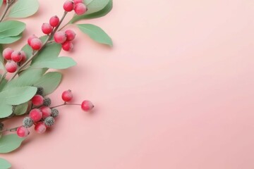 Fototapeta na wymiar Cowberry branch closeup on pink background. Vitamin herbal leaves macro juicy. Generate Ai