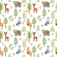 Watercolor forest wildlife seamless pattern with animals and leaves. Cute cartoon characters. - 667569426