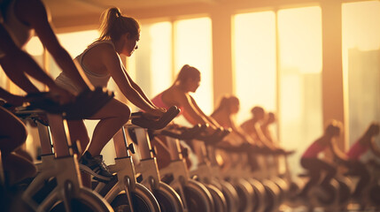 people biking in spinning class at modern gym, exercising on stationary bike. group of caucasian...