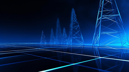 blue Electrical pylons with smart grid technology installed on black background