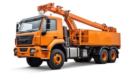 Fototapeta premium an orange truck with a crane, isolated on a clean white background, symbolizing the efficiency and power of industrial equipment