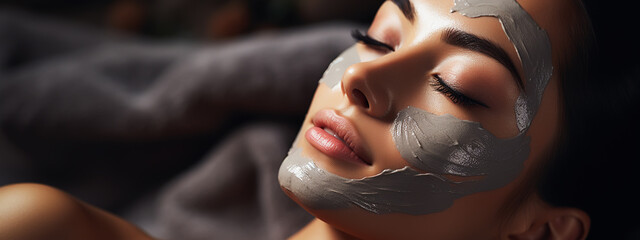 Face peeling mask, spa beauty treatment, skincare. Woman getting facial care by beautician at spa salon, side view, close-up