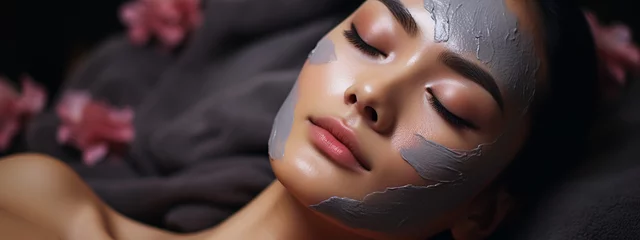 Stof per meter Schoonheidssalon Face peeling mask, spa beauty treatment, skincare. Woman getting facial care by beautician at spa salon, side view, close-up