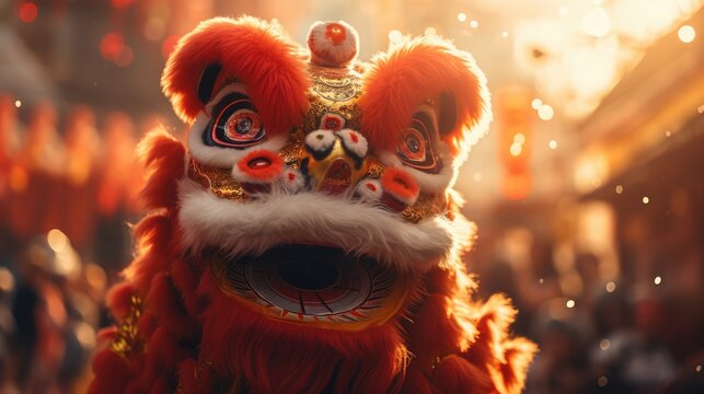 Lion dance street performance. Celebration of Chinese New Year Festival.